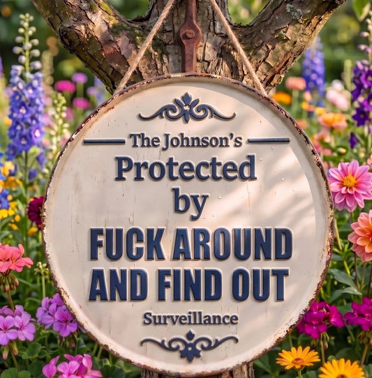Personalized "Protected by FAFO Surveillance" Rustic Wood Sign | Front Door & Garden Decor