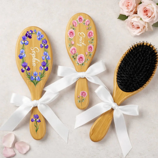 Personalized Birth Month Flower Hair Brush – Custom Name & Floral Gift for Her