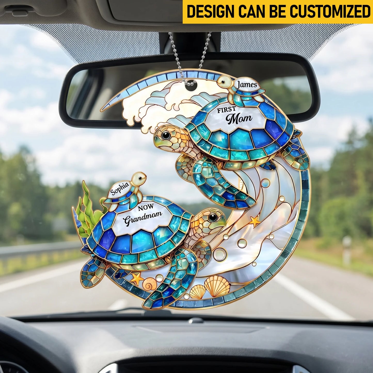 Custom Car Ornament - Personalized First Mom Now Grandma Stained Glass Sea Turtle