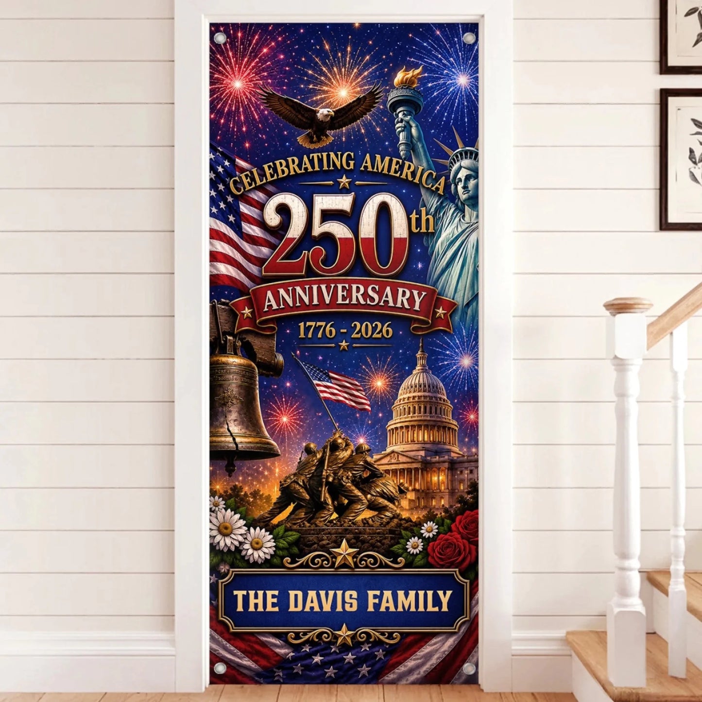 Custom Door Cover - Personalized America 250th Anniversary Gifts For Mom, Dad, Brother, Sister, Kids - Welcome To The USA Era