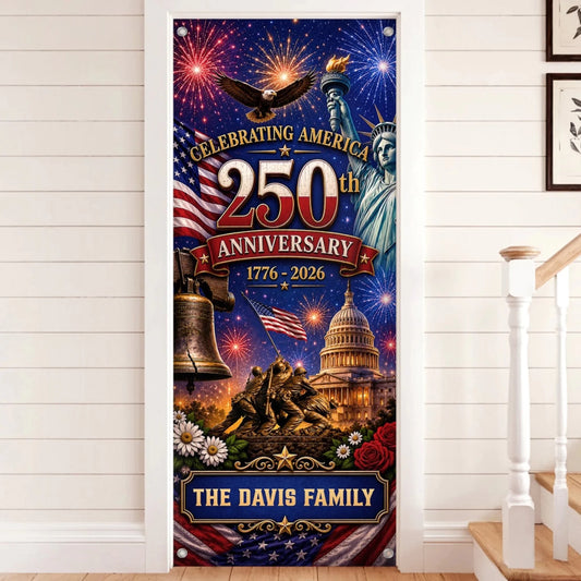 Custom Door Cover - Personalized America 250th Anniversary Gifts For Mom, Dad, Brother, Sister, Kids - Welcome To The USA Era
