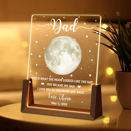 Custom Plaque With Walnut Base - Personalized Moon Phase LED Sign with Name & Date for Father