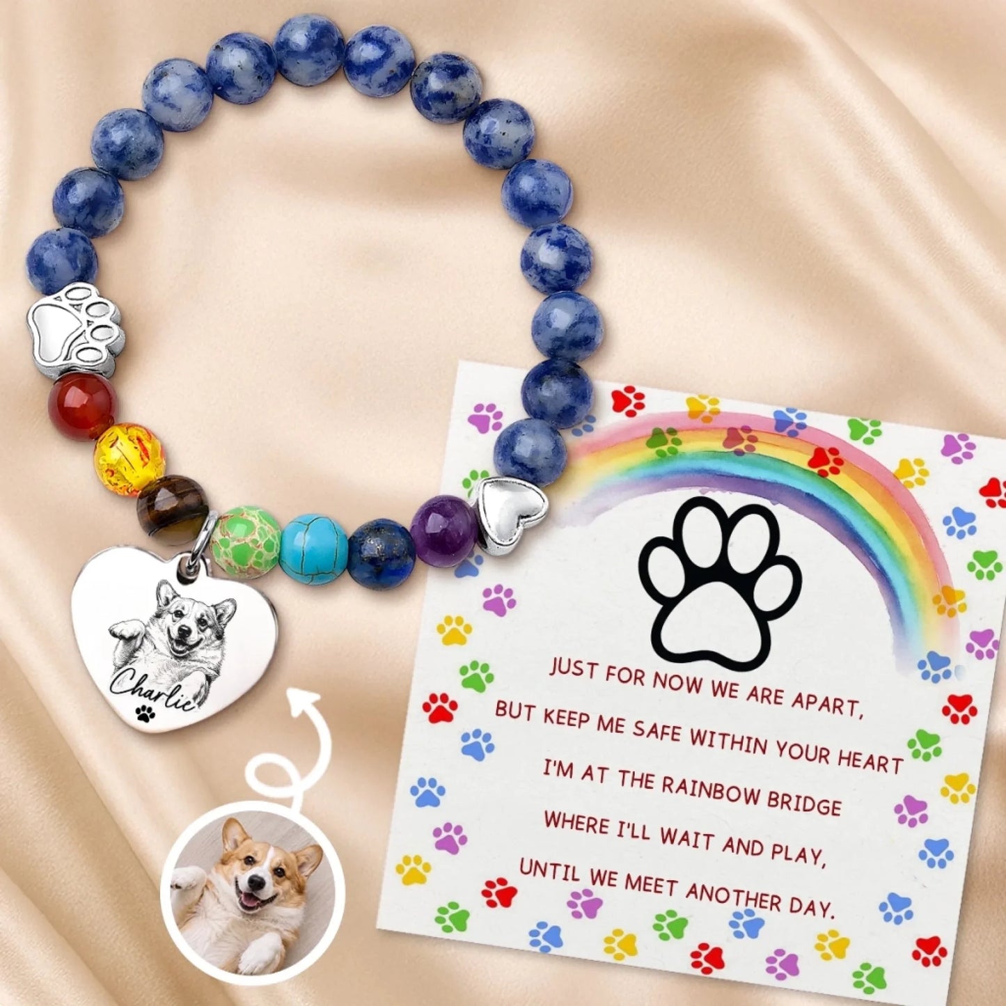 Custom Photo Rainbow Bridge Bracelet - Personalized Pet Memorial Sympathy Gifts For Dogs, Cats - Always In My Heart
