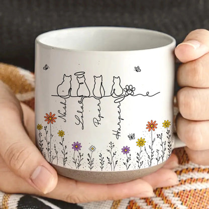 Costom Pottery Mug-Personalized Gift For Cat Lovers, Boho Floral Line Art Cat-My Heart Belongs To These Cats