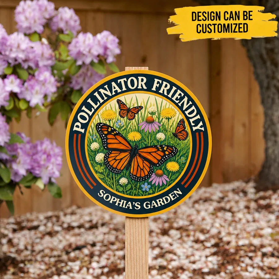 Custom Wooden Sign - Personalized Butterfly Pollinator Friendly Garden Round Wood Sign