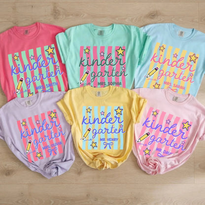 Custom T-Shirt - Personalized Kindergarten Tee,Retro Stripe Kindergarten Team Shirt, Back toSchool, Kindergarten Teacher Tee,Their FirstSchool Year, My Forever Memories
