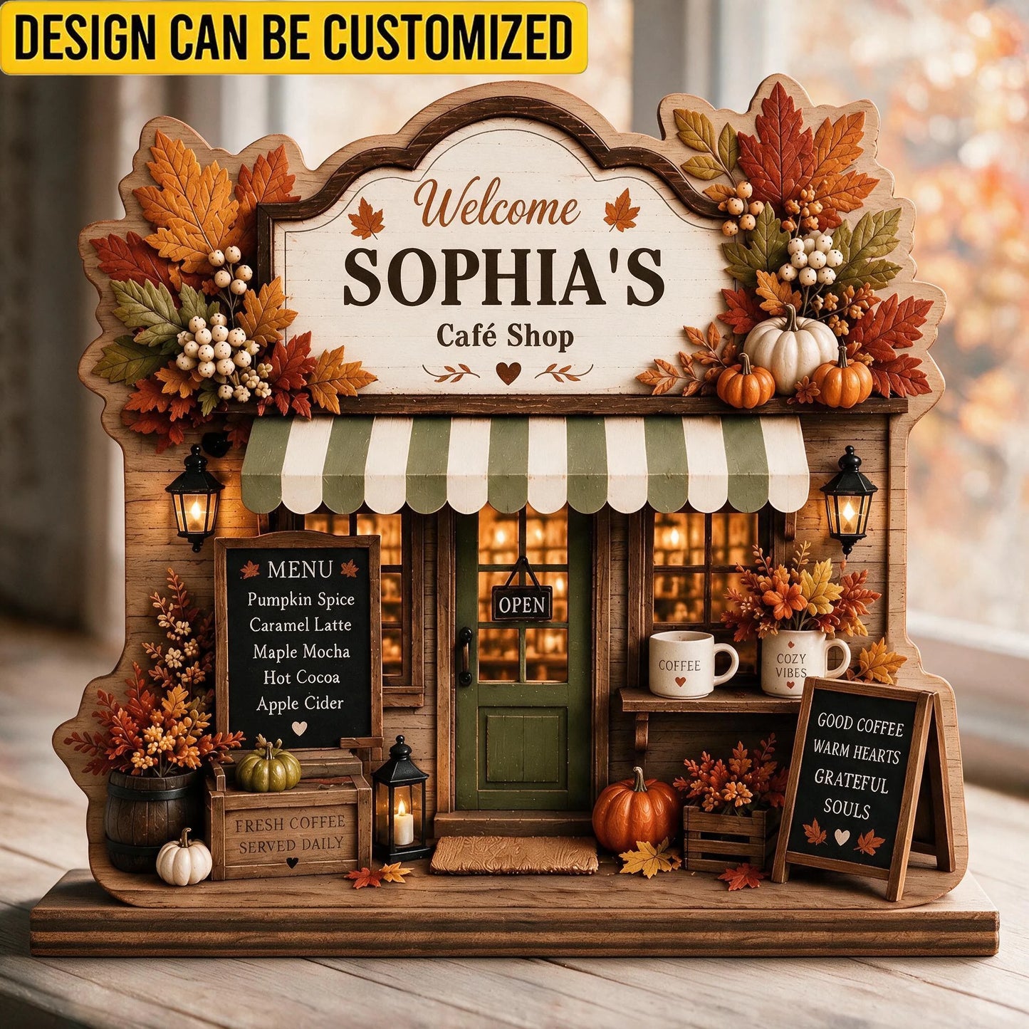 Custom 2-Layered Wooden Plaque - Personalized Autumn Coffee Shop Rustic Pumpkin Shelf Sitter Sign - For Fall Farmhouse & Coffee Bar Decor