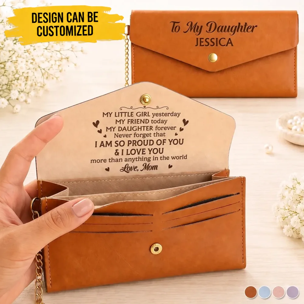 Custom Leather Envelope Wallet - Personalized Birthday Gifts For Daughter, Granddaughter - Watching You Bloom With Pride