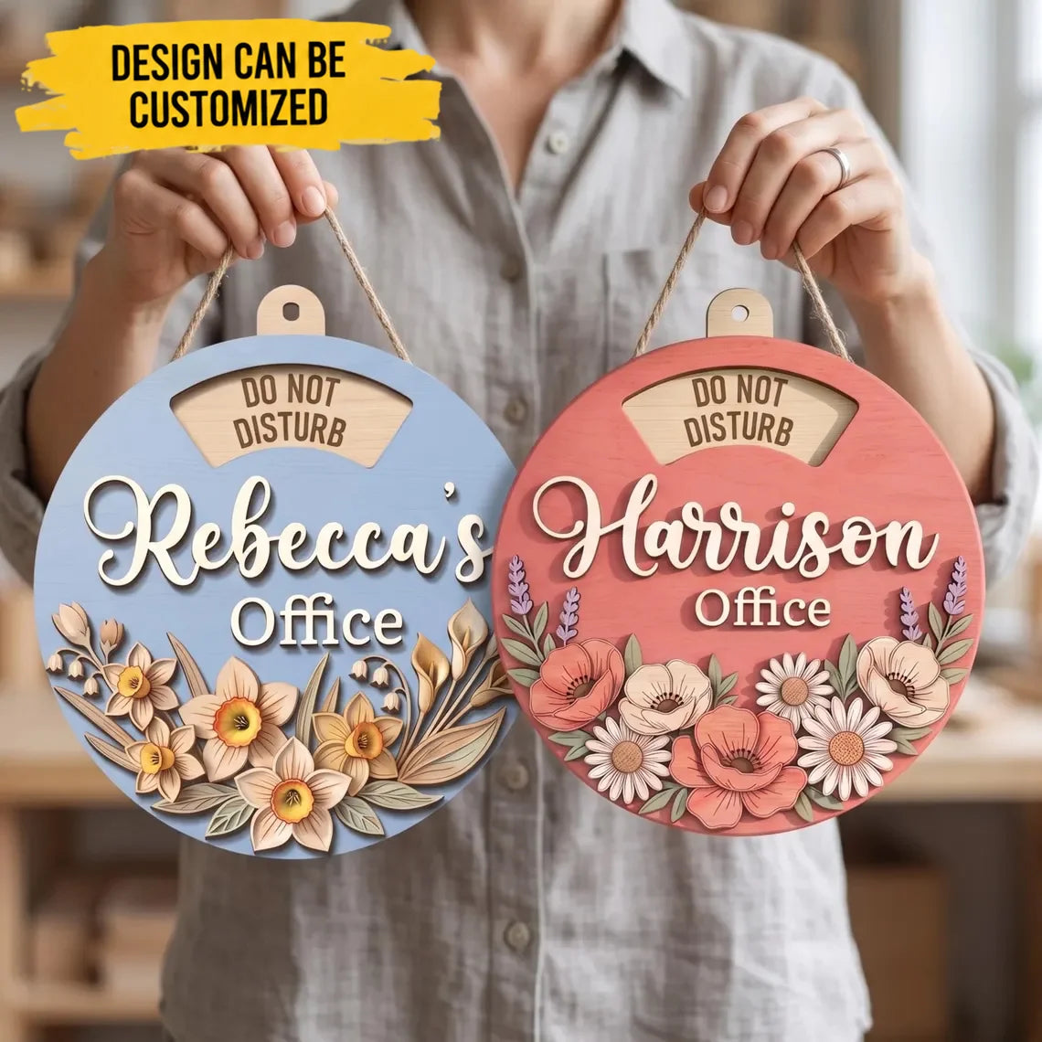 Custom Rotating Wooden Door Sign - Personalized 6 Rotating Text Office Round Floral Wood Door Sign - For Home Office & Desk Decor Gifts