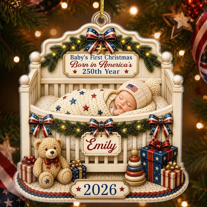 Custom First Christmas Acrylic Ornament - Personalized America 250th Anniversary Christmas Gifts For New Moms, New Dads, New Parents - Wrapped In Love And Freedom