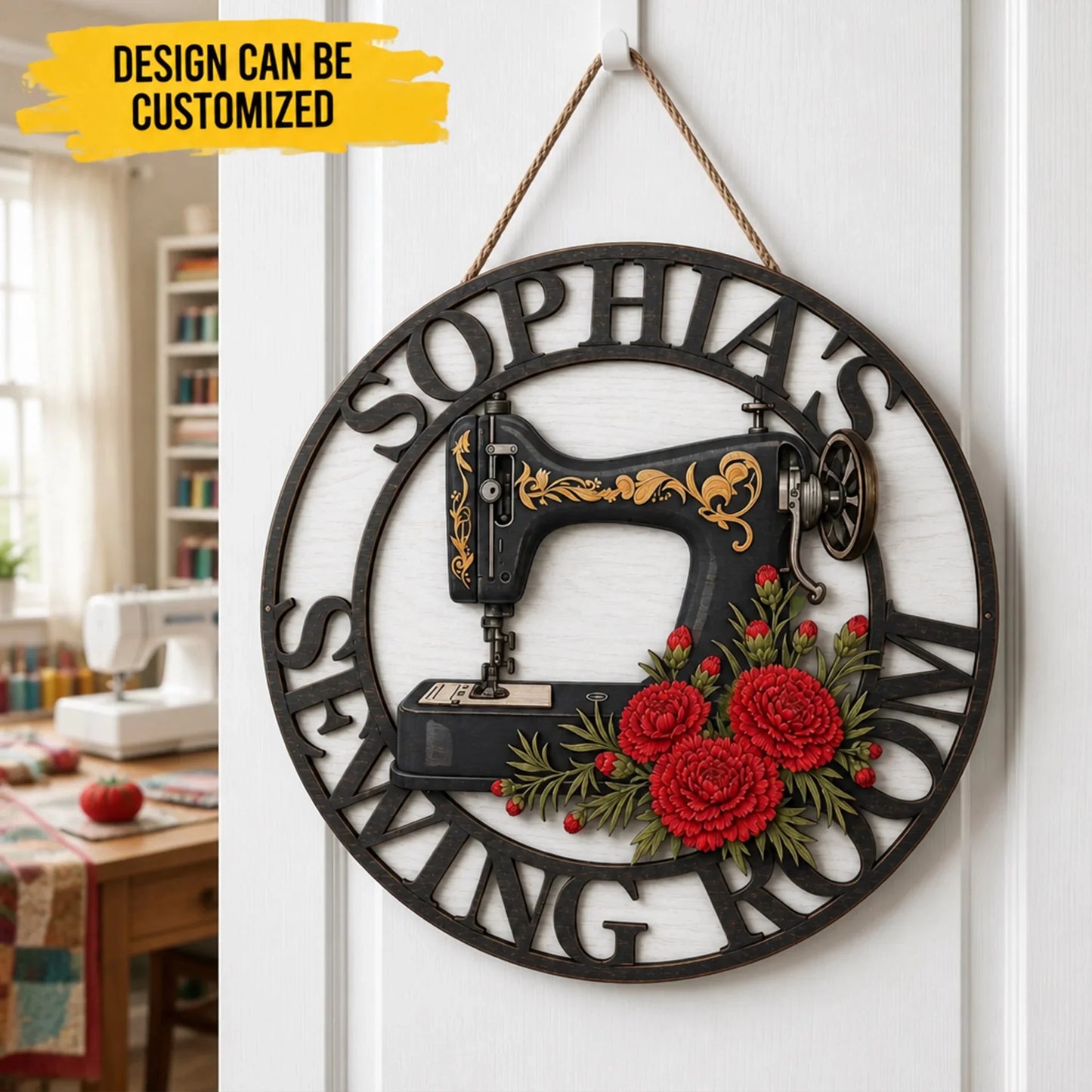 Custom Wooden Sign - Personalized Sewing Room Birth Month Flower Vintage Sewing Machine Round Wood Sign - For Sewing Lover