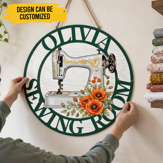 Custom Wooden Door Sign -Personalized Sewing Room Birth Month Flower Vintage Needle Thread Round Wood Door Sign-For Sewing Passion Lover