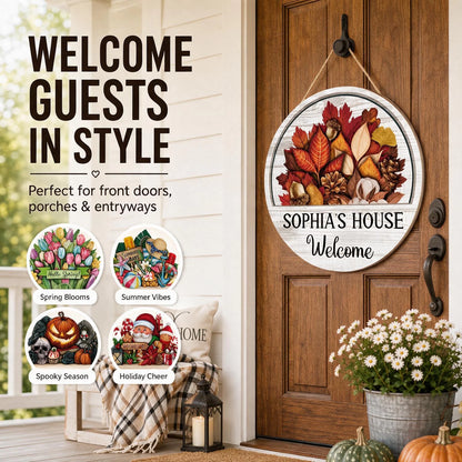Custom Wooden Sign - Personalized Family Name 16 Pcs Interchangeable Seasonal Round Wood Door Sign Welcome - For Home Decor & Housewarming Gifts