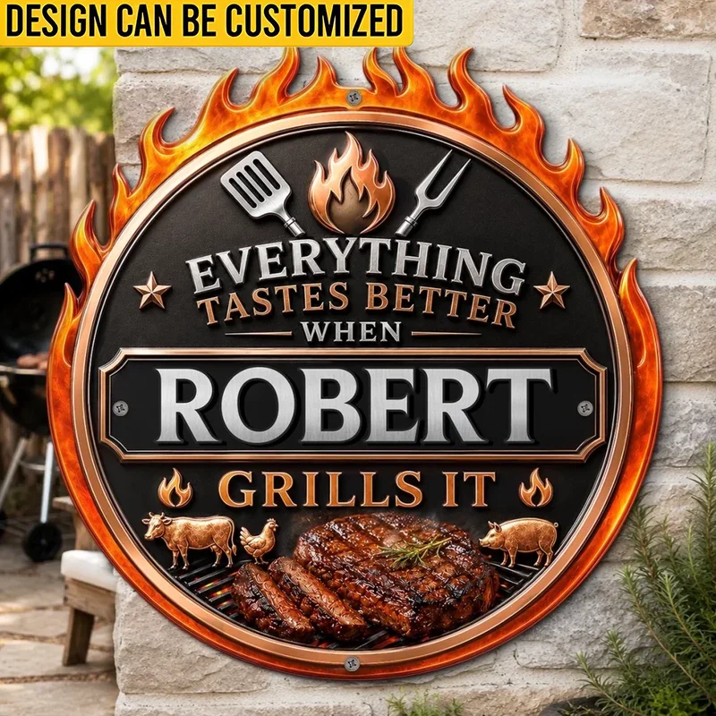 Custom BBQ Shaped Metal Sign - Personalized Grilling Gifts For BBQ Lovers, Husband, Son, Grandson, Brother, Grandpa, Dad, Yourself - Keep Calm And Grill On