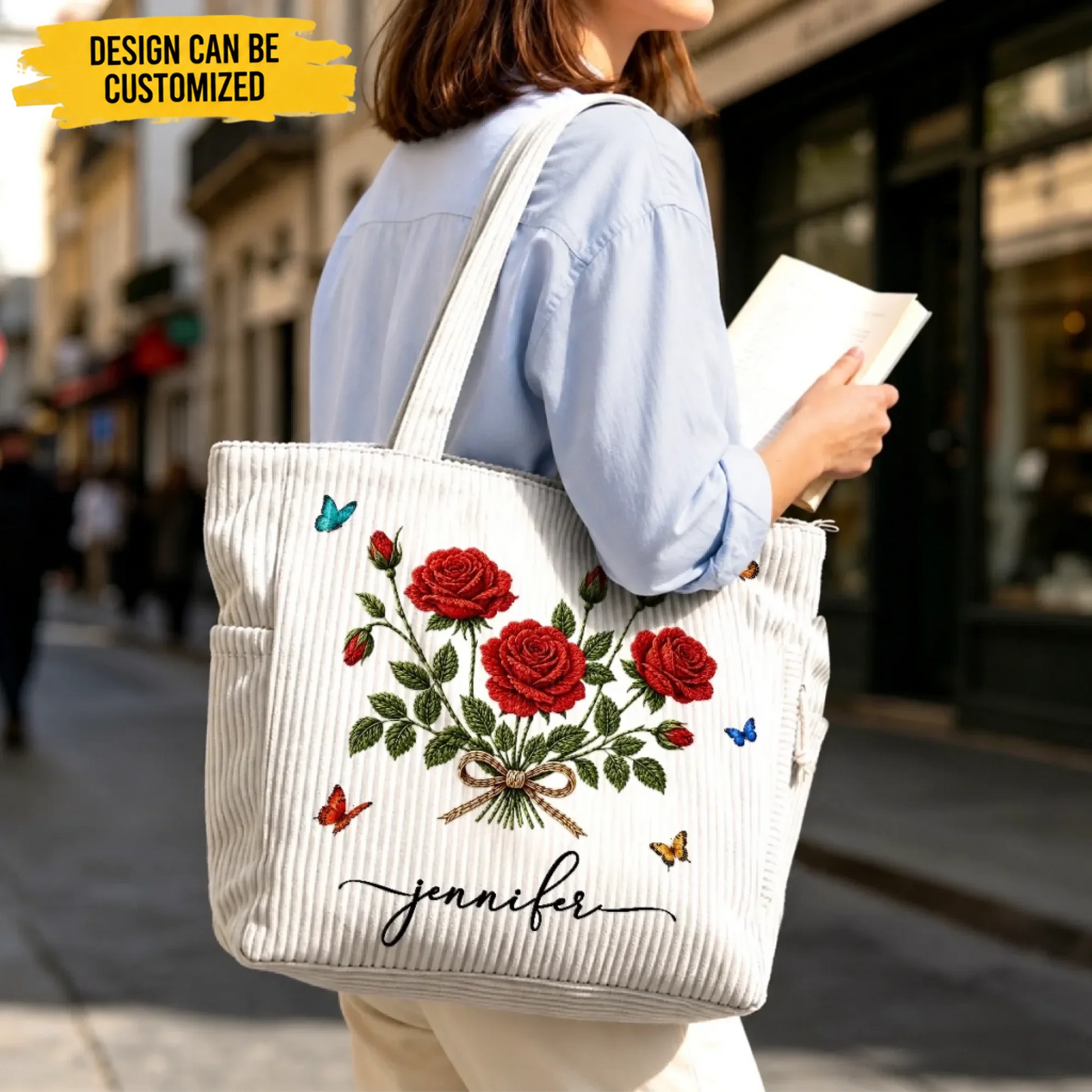 Custom Corduroy Tote Bag - Personalized Birthday Gifts For Wife, Daughter, Besties, Sisters, Granddaughter, Grandma, Mom, Yourself - Blooms On Corduroy