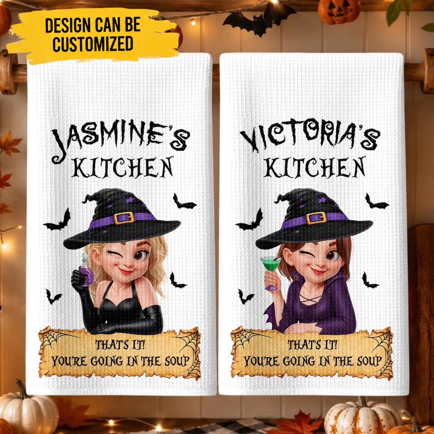 Custom Kitchen Towel - Personalized Halloween Birthday Gifts For Wife, Daughter, Besties, Sisters, Granddaughter, Grandma, Mom, Yourself - Too Glam To Be Scary