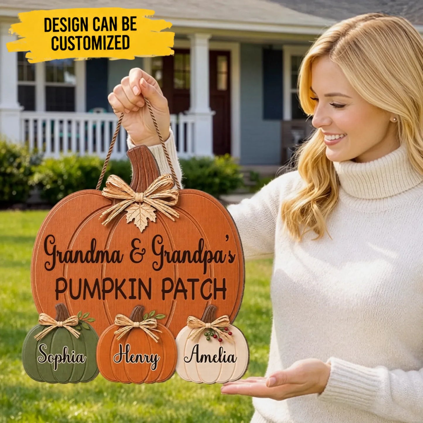 Custom Pumpkin Wood Sign - Personalized Birthday Gifts For Grandma, Grandpa - Cozy Autumn Grandkids