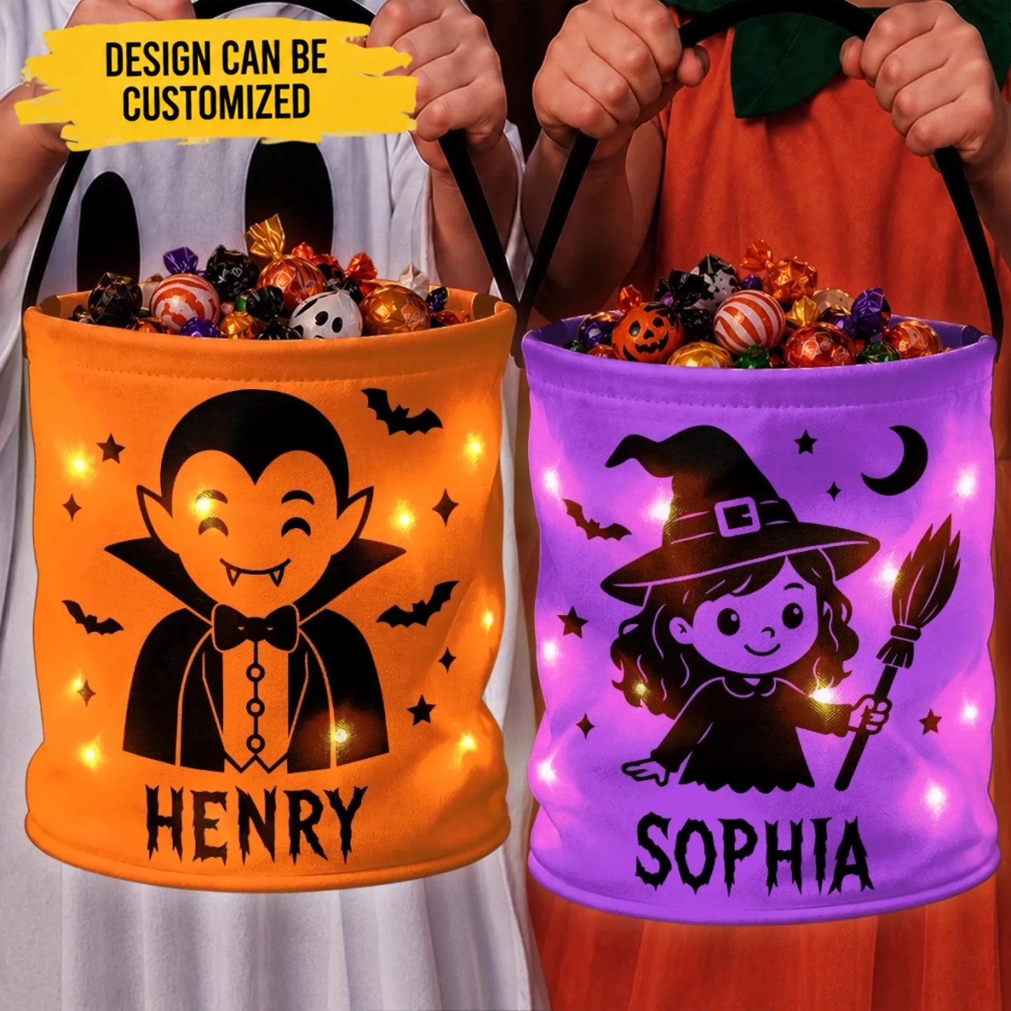 Custom LED Light Bucket Bag - Personalized Halloween Birthday Gifts For Kids - The Cutest Little Spooks