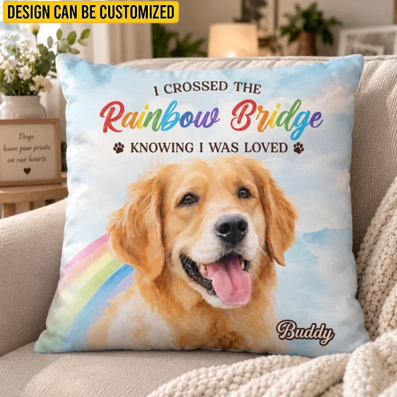 Personalized Pillow - Custom Pet Photo Sympathy Gift For Dog Owners, Cat Owners, Grieving Pet Parents - My Rainbow Bridge Angel