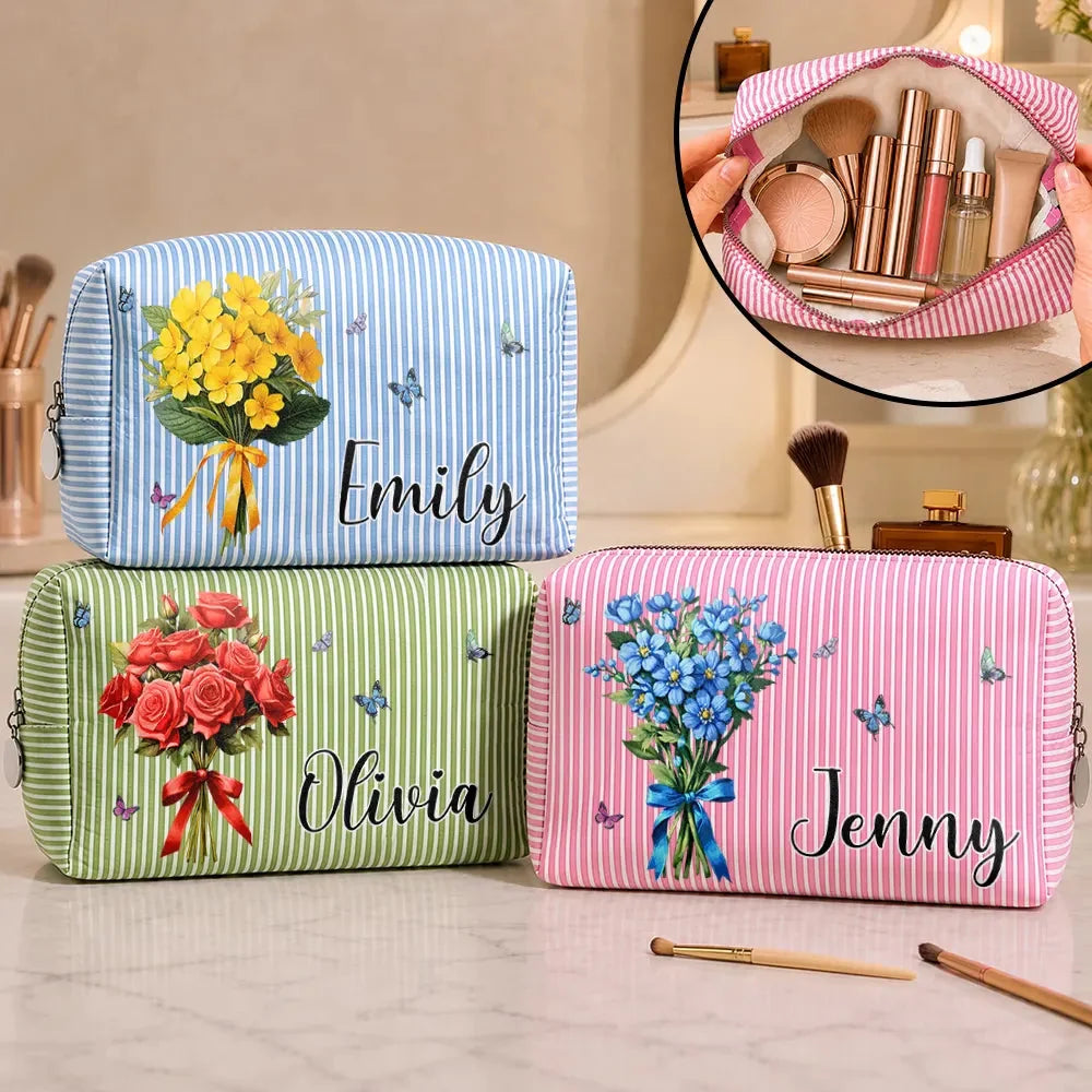 Custom Striped Cosmetic Bag - Personalized Birthday Gifts For Women, Girls, Best Friends - Birth Flower Bouquet