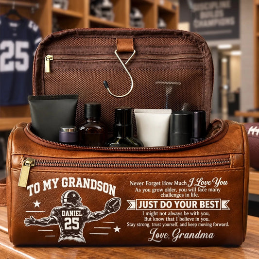 Custom America Football Leather Toiletry Bag - Personalized Birthday Gifts For Son, Grandson, America Football Lovers, Sports Fans, Sports Lovers - Play With Heart Every Time