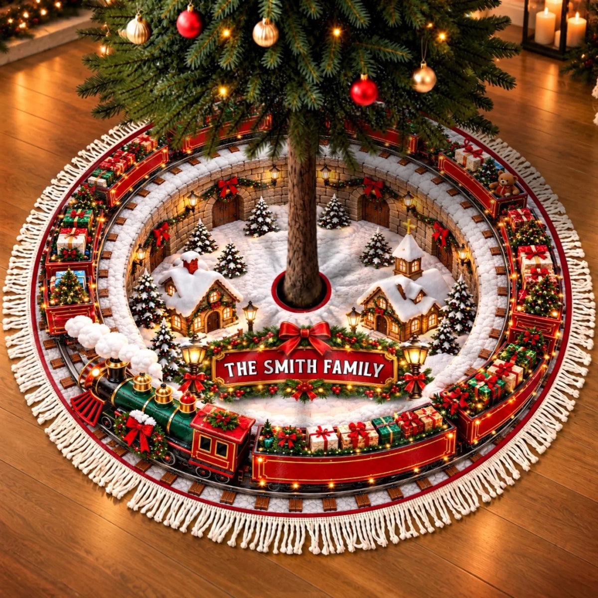 Custom Christmas Train Tree Skirt - Personalized Christmas Birthday Gifts For Mom, Dad, Brother, Sister - All Aboard The Family Express