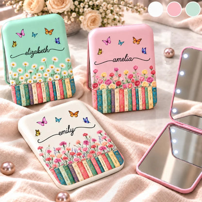 Custom Name Floral Butterfly Bookish Gifts For Book Lovers, Women - Personalized LED Compact Makeup Mirror