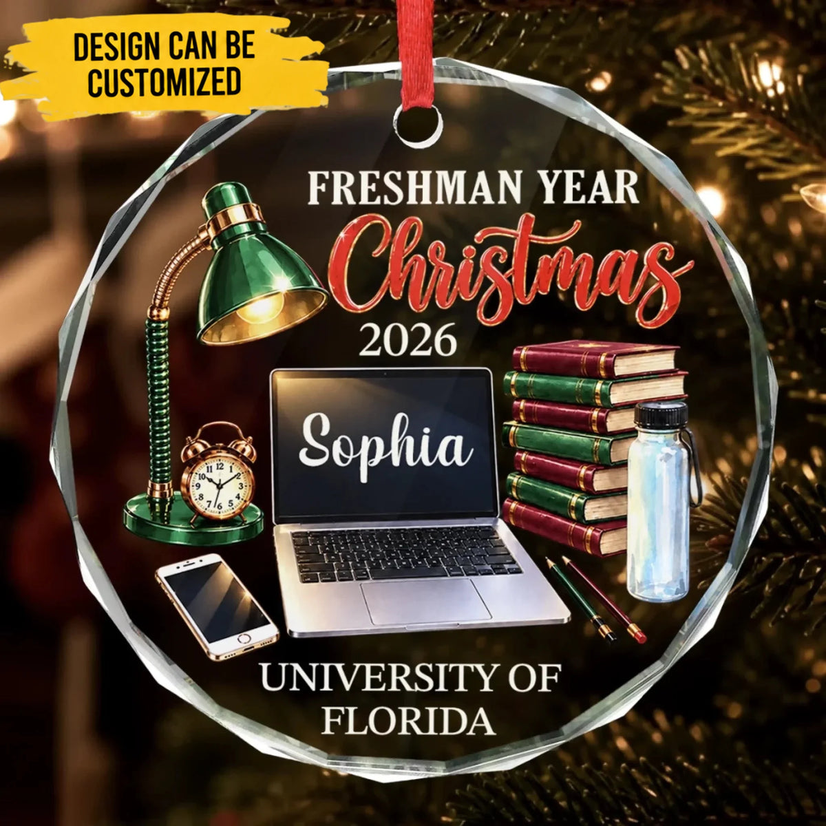 Custom Name Freshman Year Christmas Gifts for College Students - Personalized Glass Ornament