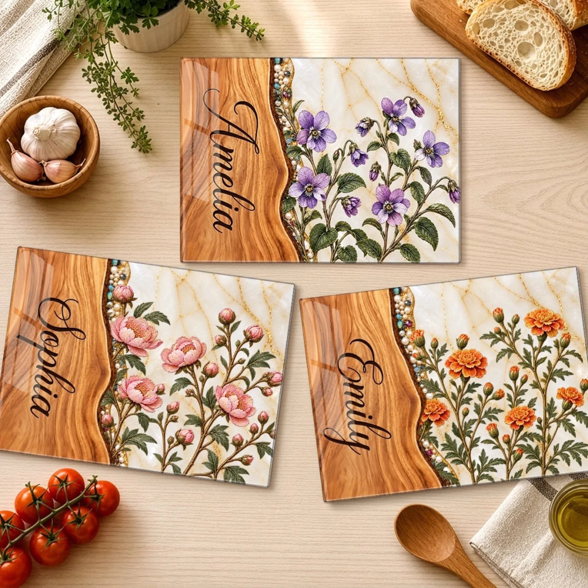 Custom Name Floral Kitchen Decor Gifts For Her - Personalized Glass Cutting Board
